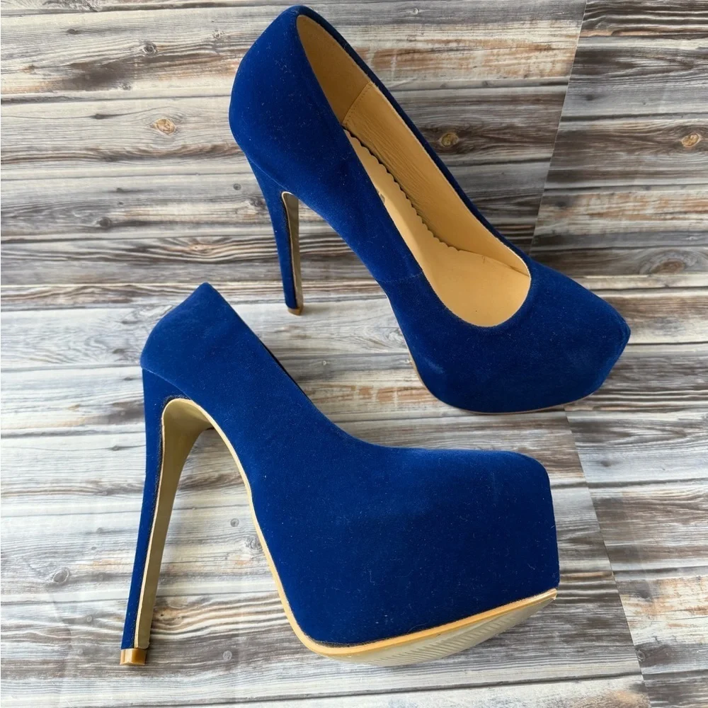 OCHENTA Women's Platform Slip On High Heels Dress Pumps Blue Velvet stilettos